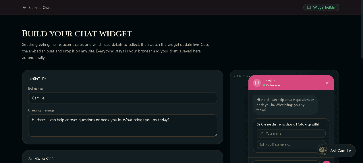 Camille Chat app, real screenshot