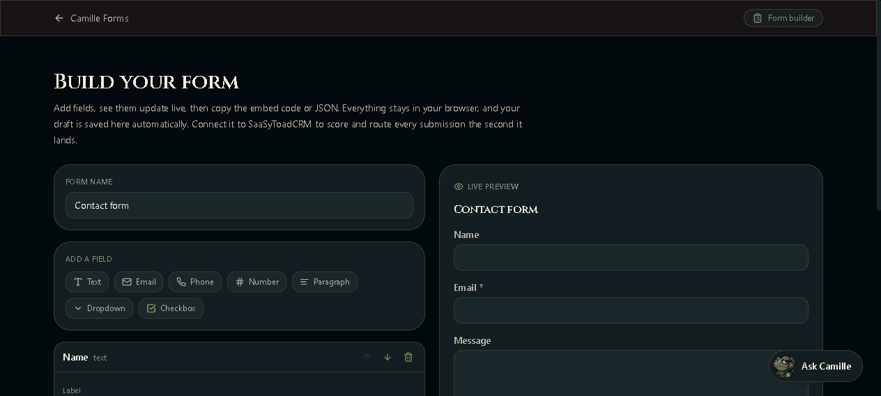 Camille Forms app, real screenshot
