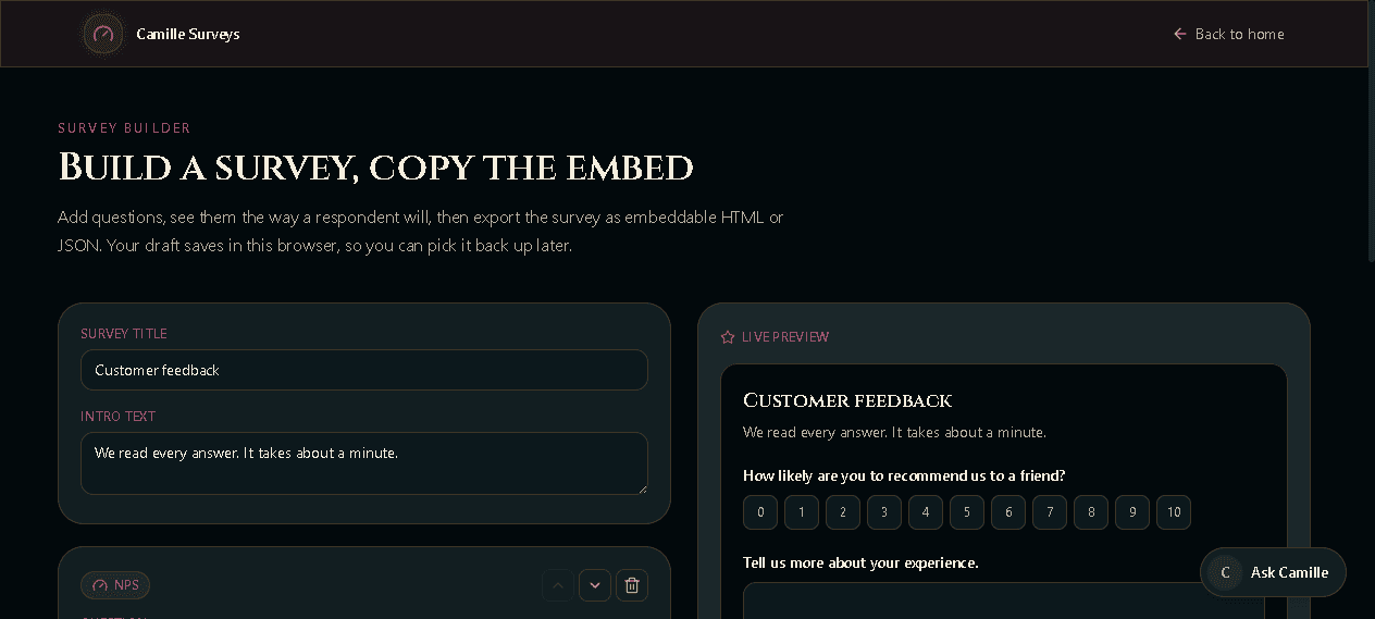 Camille Surveys app, real screenshot