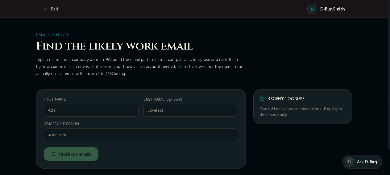 D-Bug Enrich app, real screenshot