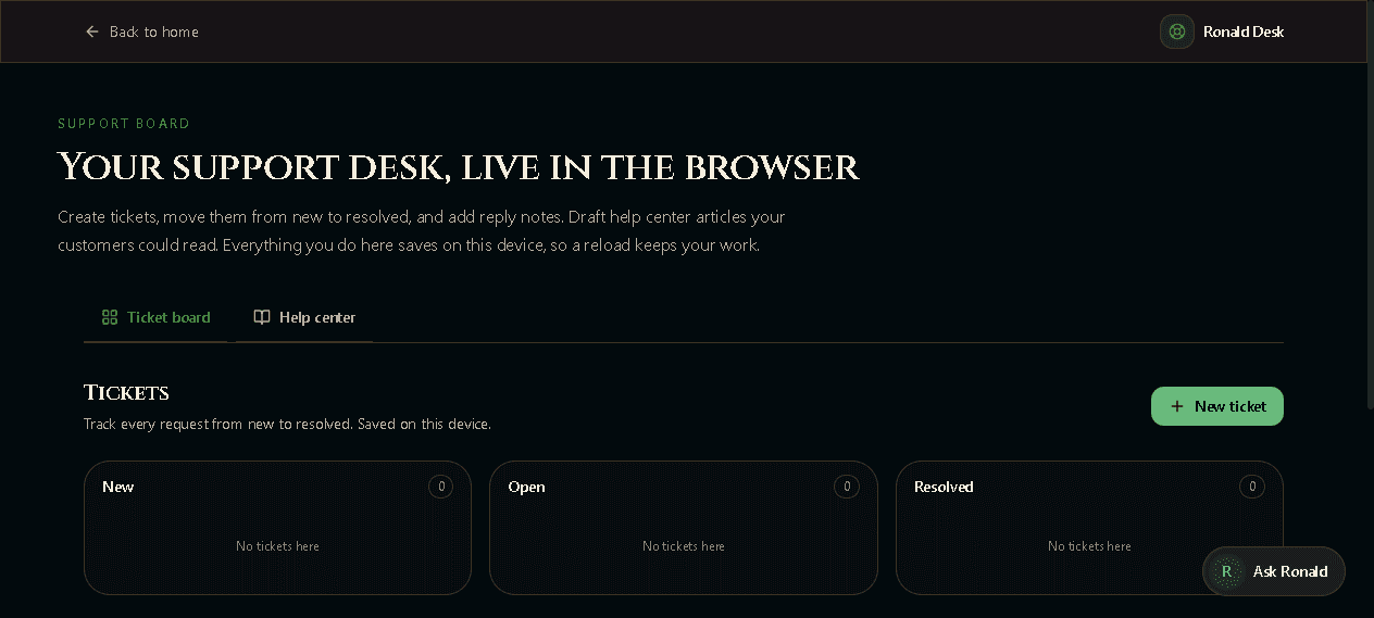 Ronald Desk app, real screenshot