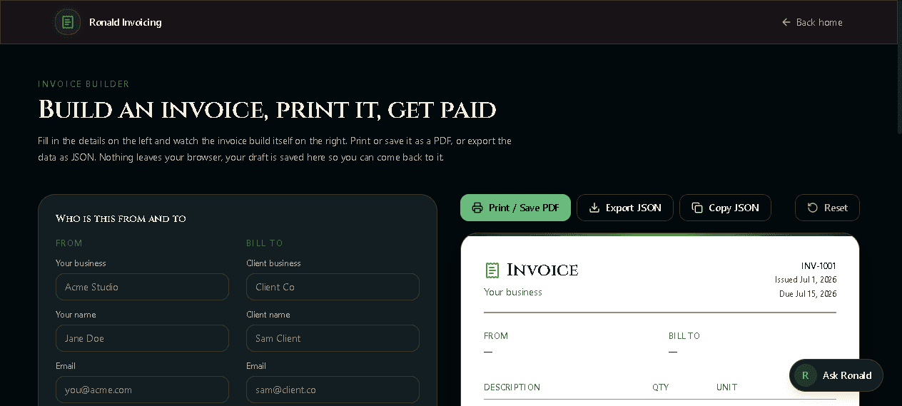 Ronald Invoicing app, real screenshot