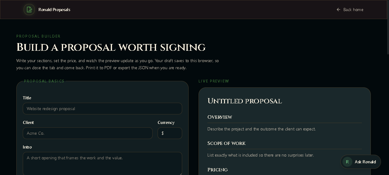 Ronald Proposals app, real screenshot